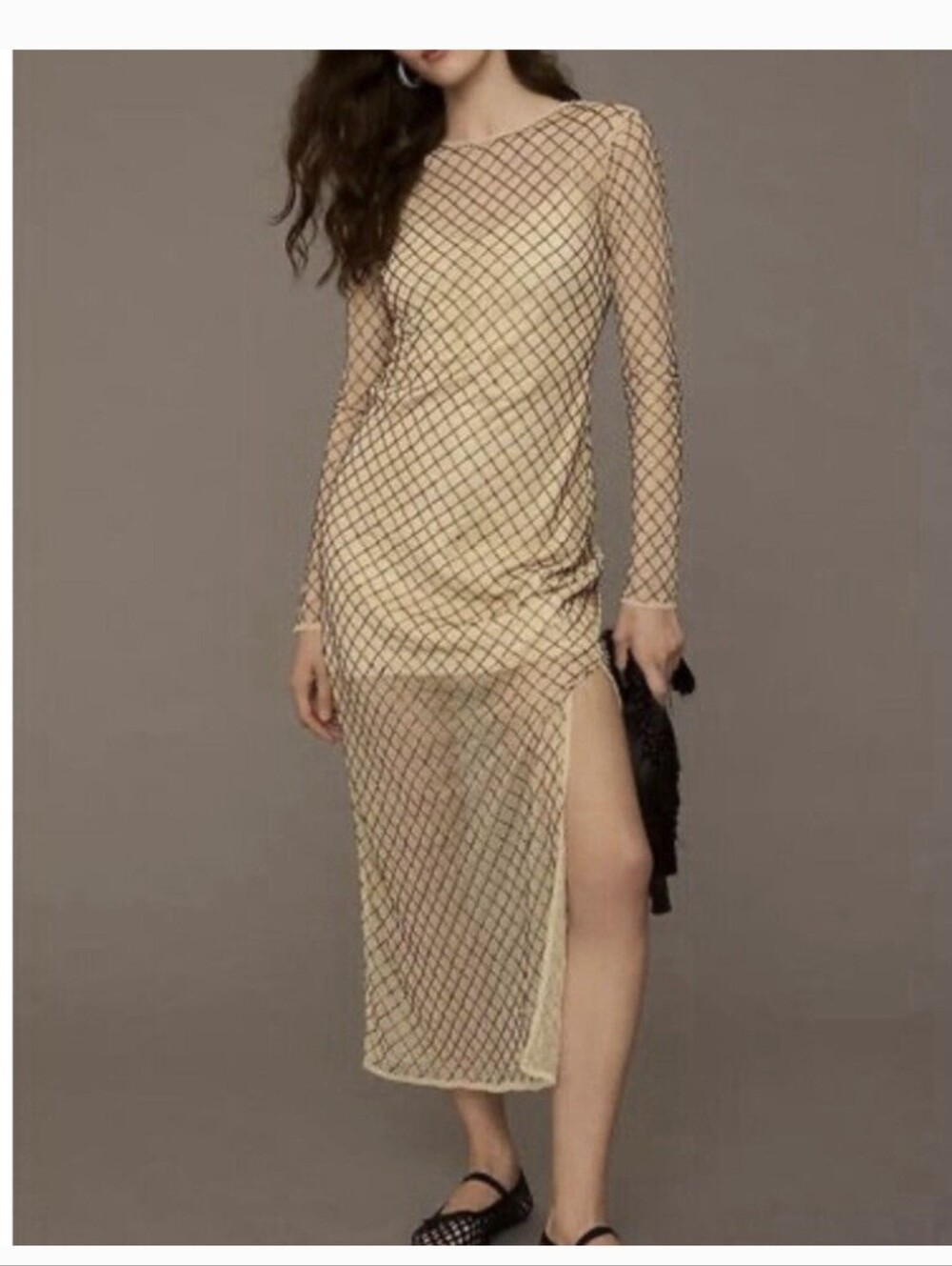 Anthropologie Sheer Beaded Column Maxi Dress Size Medium